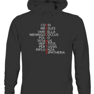 VACCINATED T Shirt Covid Measles VariCella Meningococcus Polio Tetanus HepATitis Pertussis Influenza Diphtheria CAUH black front.jpg