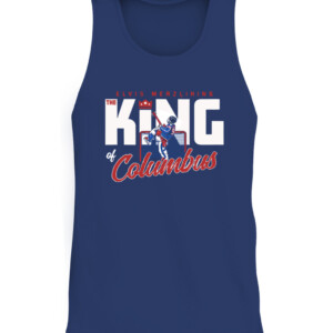 THE KING OF COLUMBUS SHIRT ELVIS MERZLIKINS Columbus Blue Jackets CATT navy front.jpg