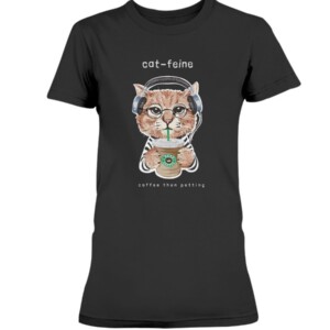 Cat in Headphone Cat-feine coffee then petting T-shirt Funny Cat Starbucks