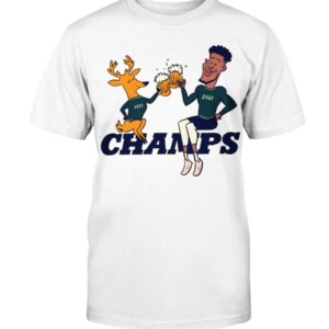 Bango & Giannis - Cheers to the Deer Shirt Bango-Jabbar Giannis Antetokounmpo Milwaukee Bucks 2021 NBA Finals Champions White Shirt