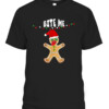 BITE ME GINGERBREAD MAN COOKIE CHRISTMAS LIGHTS SANTA HAT T Shirt CABT black front.jpg