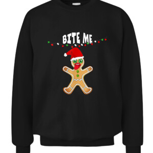 BITE ME GINGERBREAD MAN COOKIE CHRISTMAS LIGHTS SANTA HAT T Shirt CACS black front.jpg