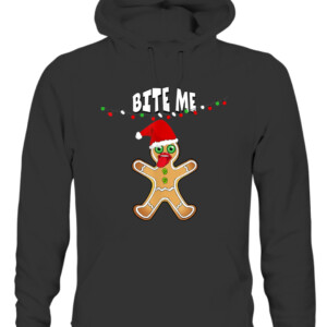BITE ME GINGERBREAD MAN COOKIE CHRISTMAS LIGHTS SANTA HAT T Shirt CAUH black front.jpg