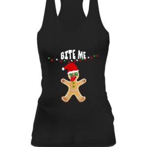 BITE ME GINGERBREAD MAN COOKIE CHRISTMAS LIGHTS SANTA HAT T Shirt CAWT black front.jpg