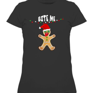 BITE ME GINGERBREAD MAN COOKIE CHRISTMAS LIGHTS SANTA HAT T Shirt CAWTS black front.jpg