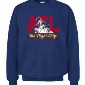 ALT THE NIGHT SHIFT SHIRT Atlanta Braves 2021 World Series Champions Tyler Matzek, A.J. Minter, Luke Jackson and Will Smith CACS navy front.jpg