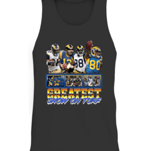 GREATEST SHOW ON TURF SHIRT Odell Beckham Jr Marshall Faulk Kurt Warner Lance Kendricks Isaac Bruce Los Angeles Rams CATT black front.jpg