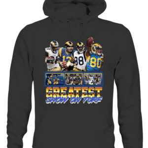 GREATEST SHOW ON TURF SHIRT Odell Beckham Jr Marshall Faulk Kurt Warner Lance Kendricks Isaac Bruce Los Angeles Rams CAUH black front.jpg
