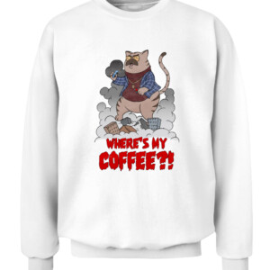 CATZILLA WHERE MY COFFEE SHIRT Big Cat Dan Katz CACS white front.jpg