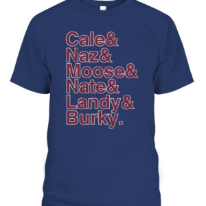 CALE & NAZ & MOOSE & NATE & LANDY & BURKY SHIRT Cale Makar, Nazem Kadri, Mikko Rantanen, Nathan MacKinnon, Gabriel Landeskog, and André Burakovsky Colorado Avalanche CAPT navy front.jpg