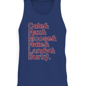 CALE & NAZ & MOOSE & NATE & LANDY & BURKY SHIRT Cale Makar, Nazem Kadri, Mikko Rantanen, Nathan MacKinnon, Gabriel Landeskog, and André Burakovsky Colorado Avalanche CATT navy front.jpg