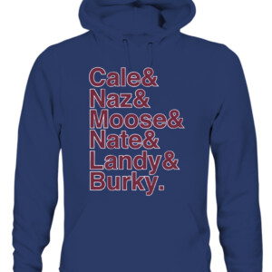 CALE & NAZ & MOOSE & NATE & LANDY & BURKY SHIRT Cale Makar, Nazem Kadri, Mikko Rantanen, Nathan MacKinnon, Gabriel Landeskog, and André Burakovsky Colorado Avalanche CAUH navy front.jpg