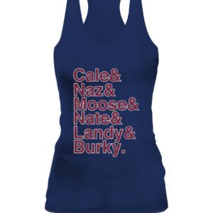 CALE & NAZ & MOOSE & NATE & LANDY & BURKY SHIRT Cale Makar, Nazem Kadri, Mikko Rantanen, Nathan MacKinnon, Gabriel Landeskog, and André Burakovsky Colorado Avalanche CAWT navy front.jpg