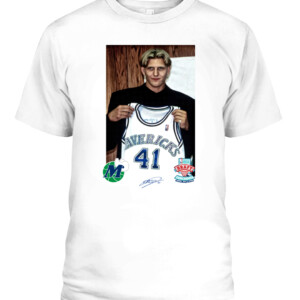 Dirk Nowitzki 1998 NBA Draft Shirt Dallas Mavericks retire Dirk Nowitzki's No. 41 in postgame ceremony #41Forever CABT white front.jpg