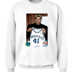Dirk Nowitzki 1998 NBA Draft Shirt Dallas Mavericks retire Dirk Nowitzki's No. 41 in postgame ceremony #41Forever CACS white front.jpg