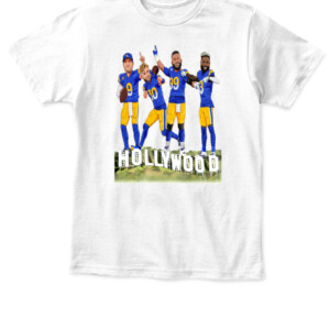 HOLLYWOOD CHAMPIONS SHIRT Odell Beckham Jr Aaron Donald Cooper Kupp Matthew Stafford Los Angeles Rams 2022 Super Bowl LVI Champions APKT white front.jpg