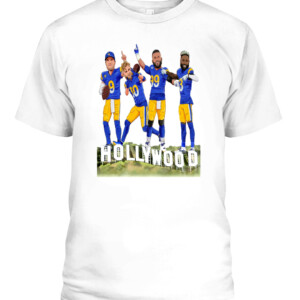HOLLYWOOD CHAMPIONS SHIRT Odell Beckham Jr Aaron Donald Cooper Kupp Matthew Stafford Los Angeles Rams 2022 Super Bowl LVI Champions CAPT white front.jpg