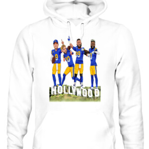HOLLYWOOD CHAMPIONS SHIRT Odell Beckham Jr Aaron Donald Cooper Kupp Matthew Stafford Los Angeles Rams 2022 Super Bowl LVI Champions CAUH white front.jpg