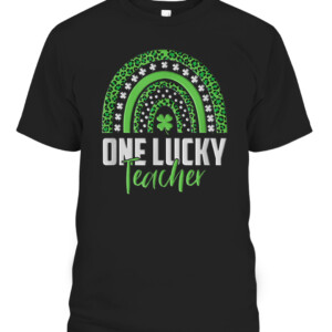 St Patricks Day Rainbow One Lucky Teacher Embroidery style T Shirt CAPT black front.jpg