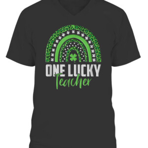 St Patricks Day Rainbow One Lucky Teacher Embroidery style T Shirt CAVN black front.jpg