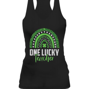 St Patricks Day Rainbow One Lucky Teacher Embroidery style T Shirt CAWT black front.jpg
