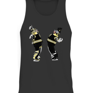 GOALIE HUG SHIRT Linus Ullmark And Jeremy Swayman Boston Bruins CATT black front.jpg