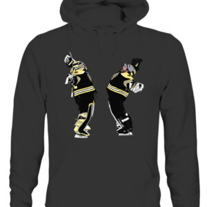 GOALIE HUG SHIRT Linus Ullmark And Jeremy Swayman Boston Bruins CAUH black front.jpg
