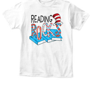 Reading Rocks Book Teacher Red White Stripe Students Kids T Shirt APKT white front.jpg