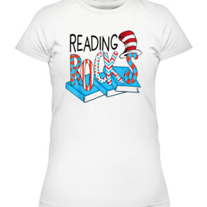 Reading Rocks Book Teacher Red White Stripe Students Kids T Shirt CAWTS white front.jpg