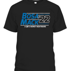 BOSA MACK '22 A QB'S WORST NIGHTMARE SHIRT JOEY BOSA AND KHALIL MACK, Los Angeles Chargers CAPT black front.jpg