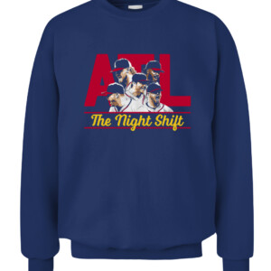 THE NIGHT SHIFT 2022 SHIRT Kenley Jansen, Tyler Matzek, A.J. Minter, Luke Jackson, Will Smith, Atlanta Braves CACS navy front.jpg