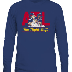 THE NIGHT SHIFT 2022 SHIRT Kenley Jansen, Tyler Matzek, A.J. Minter, Luke Jackson, Will Smith, Atlanta Braves CALS navy front.jpg