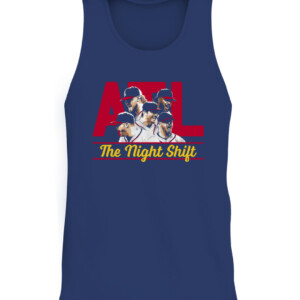 THE NIGHT SHIFT 2022 SHIRT Kenley Jansen, Tyler Matzek, A.J. Minter, Luke Jackson, Will Smith, Atlanta Braves CATT navy front.jpg