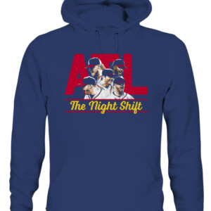 THE NIGHT SHIFT 2022 SHIRT Kenley Jansen, Tyler Matzek, A.J. Minter, Luke Jackson, Will Smith, Atlanta Braves CAUH navy front.jpg