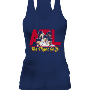 THE NIGHT SHIFT 2022 SHIRT Kenley Jansen, Tyler Matzek, A.J. Minter, Luke Jackson, Will Smith, Atlanta Braves CAWT navy front.jpg