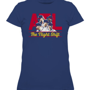 THE NIGHT SHIFT 2022 SHIRT Kenley Jansen, Tyler Matzek, A.J. Minter, Luke Jackson, Will Smith, Atlanta Braves CAWTS navy front.jpg