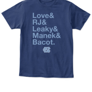 LOVE & RJ & LEAKY & MANEK & BACOT SHIRT Caleb Love, R.J. Davis, Leaky Black, Brady Manek, and Armando Bacot, North Carolina Tar Heels APKT navy front.jpg