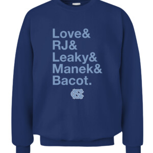 LOVE & RJ & LEAKY & MANEK & BACOT SHIRT Caleb Love, R.J. Davis, Leaky Black, Brady Manek, and Armando Bacot, North Carolina Tar Heels CACS navy front.jpg