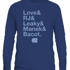 LOVE & RJ & LEAKY & MANEK & BACOT SHIRT Caleb Love, R.J. Davis, Leaky Black, Brady Manek, and Armando Bacot, North Carolina Tar Heels CALS navy front.jpg