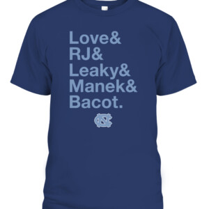 LOVE & RJ & LEAKY & MANEK & BACOT SHIRT Caleb Love, R.J. Davis, Leaky Black, Brady Manek, and Armando Bacot, North Carolina Tar Heels CAPT navy front.jpg