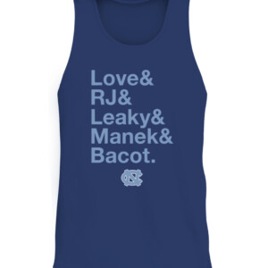 LOVE & RJ & LEAKY & MANEK & BACOT SHIRT Caleb Love, R.J. Davis, Leaky Black, Brady Manek, and Armando Bacot, North Carolina Tar Heels CATT navy front.jpg