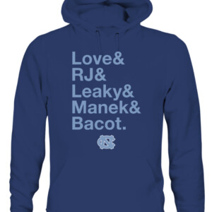 LOVE & RJ & LEAKY & MANEK & BACOT SHIRT Caleb Love, R.J. Davis, Leaky Black, Brady Manek, and Armando Bacot, North Carolina Tar Heels CAUH navy front.jpg