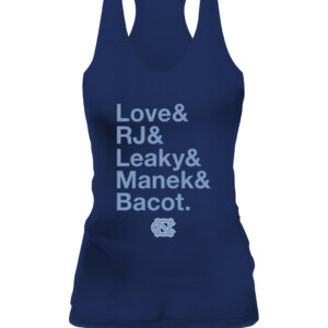 LOVE & RJ & LEAKY & MANEK & BACOT SHIRT Caleb Love, R.J. Davis, Leaky Black, Brady Manek, and Armando Bacot, North Carolina Tar Heels CAWT navy front.jpg
