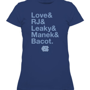 LOVE & RJ & LEAKY & MANEK & BACOT SHIRT Caleb Love, R.J. Davis, Leaky Black, Brady Manek, and Armando Bacot, North Carolina Tar Heels CAWTS navy front.jpg