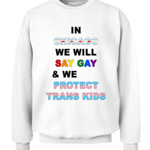IN CHICAGO, WE WILL SAY GAY AND WE WILL PROTECT TRANS KIDS SHIRT LGBT, TRANS PRIDE CACS white front.jpg