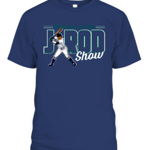 WELCOME TO THE J ROD SHOW SHIRT Julio RodrIguez, Seattle Mariners CAPT navy front.jpg
