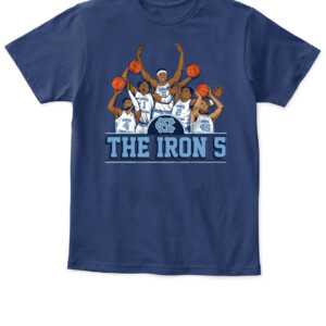 THE IRON 5 SHIRT Caleb Love, R.J. Davis, Leaky Black, Brady Manek, Armando Bacot, UNC, North Carolina Tar Heels APKT navy front.jpg