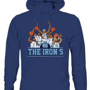 THE IRON 5 SHIRT Caleb Love, R.J. Davis, Leaky Black, Brady Manek, Armando Bacot, UNC, North Carolina Tar Heels CAUH navy front.jpg