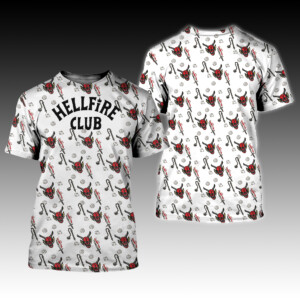 Stranger Things 4 Hellfire Club Skull & Weapons Full Print T Shirt