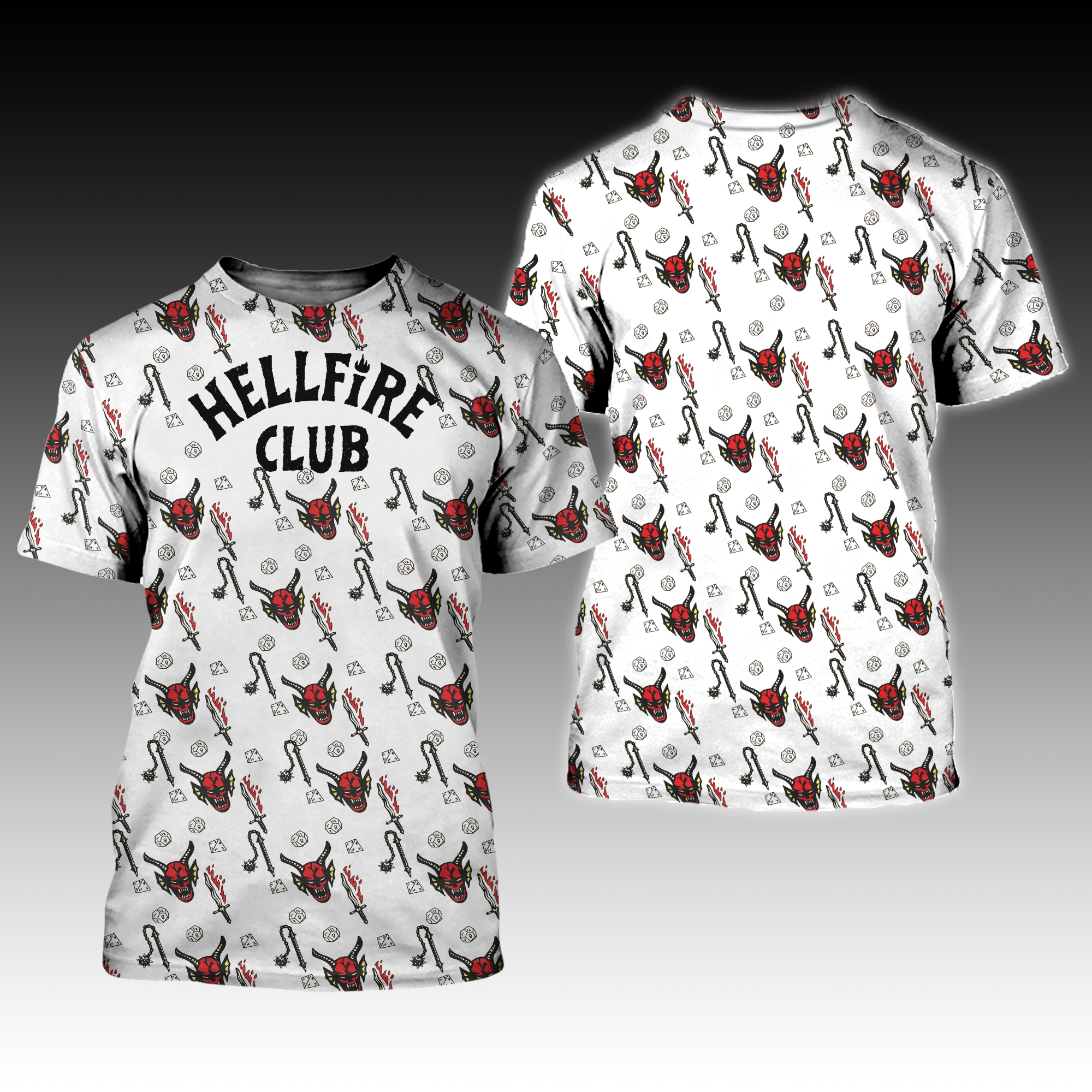 Stranger Things 4 Hellfire Club Skull & Weapons Full Print T-Shirt Stranger Things 4 Hellfire Club Skull & Weapons Full Print T Shirt